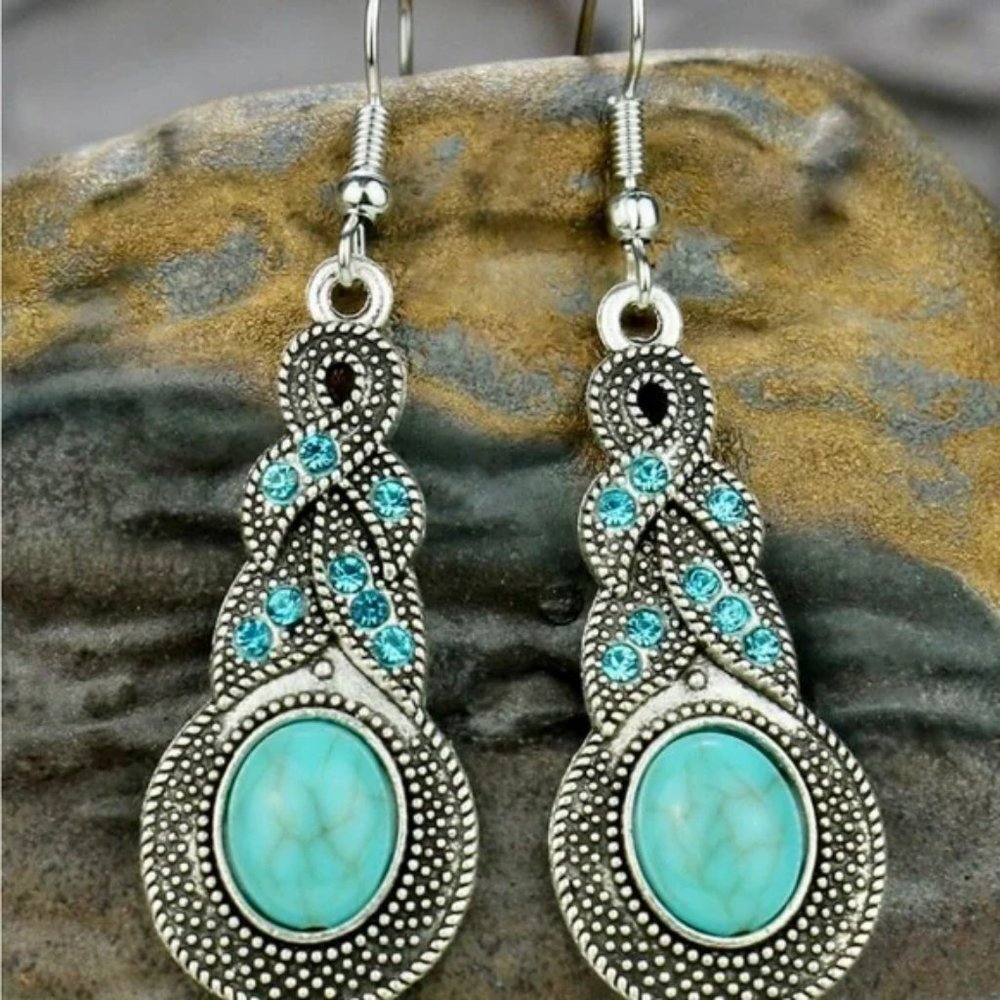 Rhinestone Decor Turquoise Drop Earrings